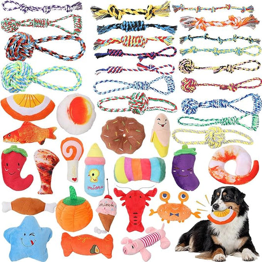 Leyndo 40 Pack Dog Chew Toys for Aggressive Dogs Plush Squeaky Rope Toys for Medium and Large Breed Pet Tug of War Teething Chew Tug
