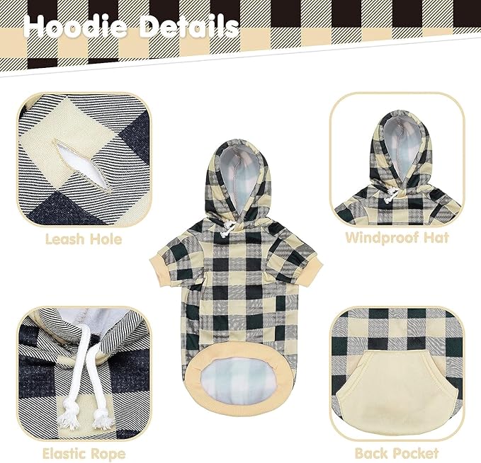 KOOLTAIL Plaid Dog Hoodie Pet Clothes Sweater with Hat and Pocket for Small Medium Large Size Dogs, Soft Winter Warm Dog Cold Weather Coat, Fleece Fall Dog Hooded Sweatshirt for Puppy Cats, Beige SM