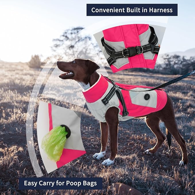 IECOii Large Dog Coat with Harness Built in,Reflective Waterproof Dog Coat for Giant Breeds - Zip Up Fleece Jacket for Dogs,Great Dane Winter Coats Warm Snowsuit for Cold Weather, Rosered, 4XL