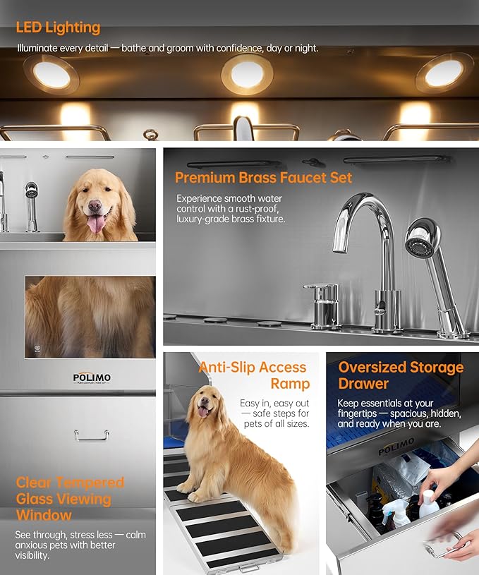 POLIMO Dog Washing Station, LED Professional Stainless Steel Dog Bathing Station 61", Dog Grooming Tub for Large, Medium & Small Dog - with Window, Ramp, Drawer, Floor Grate & Faucet (Right Ramp, 61")