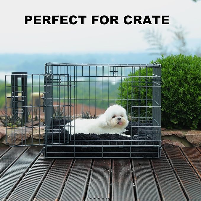 Bedfolks Plush Dog Crate Pad, Washable Dog Kennel Bed, Faux Fur, 17"x12", Black