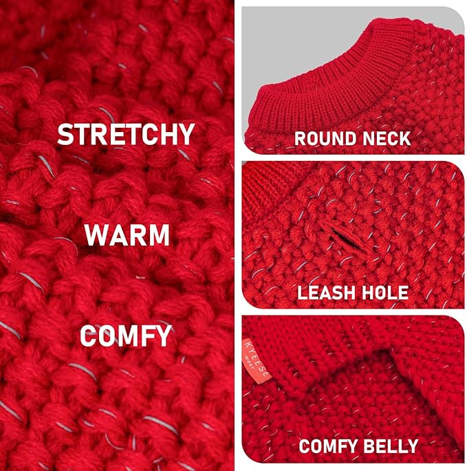 KYEESE Dog Christmas Sweater for Large Dogs with Leash Hole Warm Pullover with Reflective Yarn Male Thick Stretchy Knitwear Winter Soft Pet Coat boy Cold Weather Comfy Dog Sweaters,Red, XX-Large