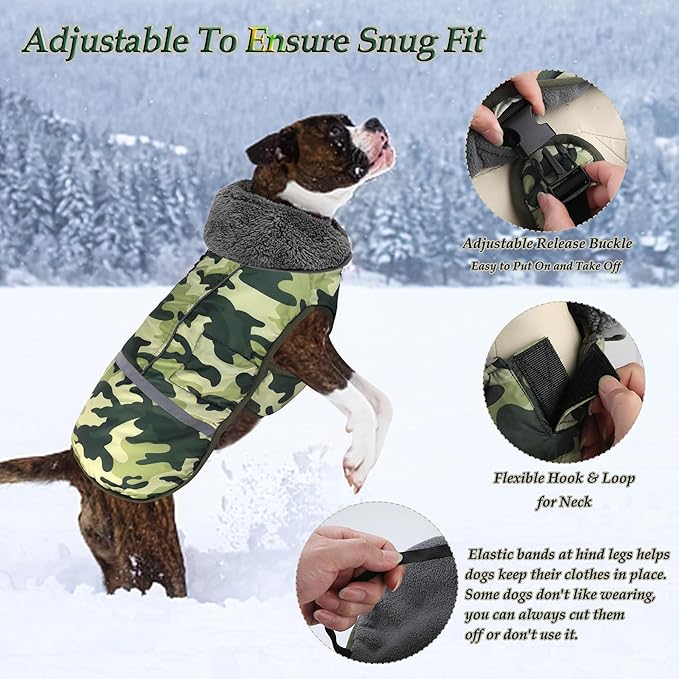 Dogcheer Warm Dog Coat, Waterproof Dog Jacket Reflective Adjustable Puppy Winter Coat with Buckle, Christmas Pet Snow Jacket Turtleneck Fleece Sweater for Small Medium Large Dogs- Camo Green, XL