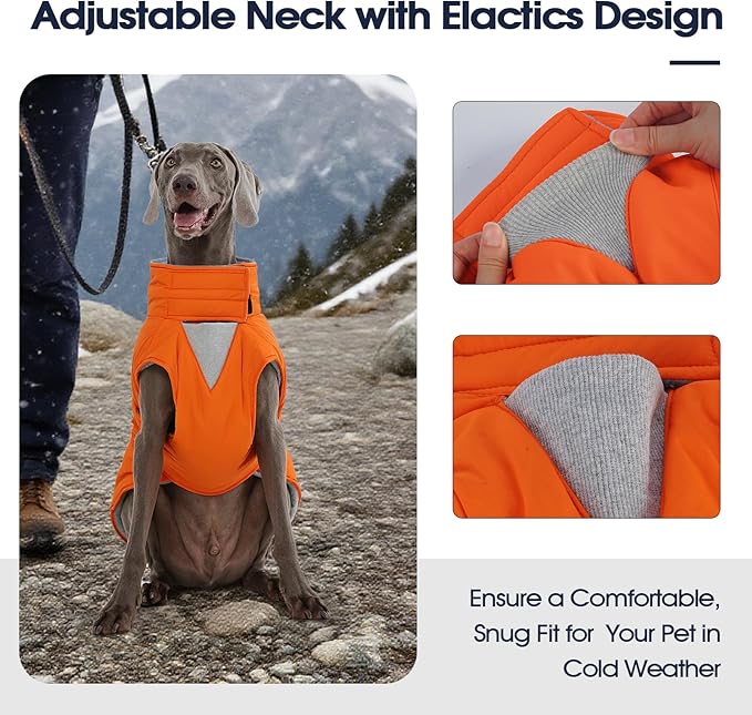 IECOii Large Dog Coat - Reflective, Adjustable & Windproof, Warm Vest for Corgi & Beagle & French Bulldog, Waterproof Fleece Lined Jacket for Hiking, Quick Snap Buckles, Orange, Size L