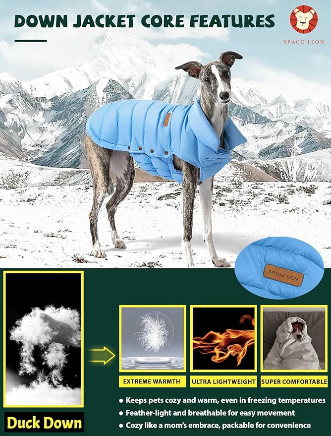 SPACE LION Dog Puffer Jacket, Down Winter Coat, Durable Outdoor Coat for Cold and Windy Conditions, Waterproof, Lightweight Jacket, Adjustable Fit for Small, Medium, Large Dogs(Alaskan Blue,24/2XL)