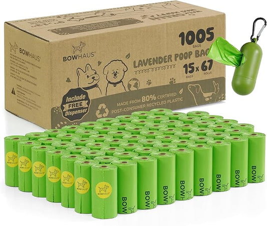 Lavender Scented Dog Poop Bags w/Dispenser, 80% PCR Eco-Friendly Materials, 9” x 13” Extra Thick Leak Proof Waste Bag for Pet, Doggy Bag Refill Rolls, Versatile Dog Waste Bags, 1005 Counts