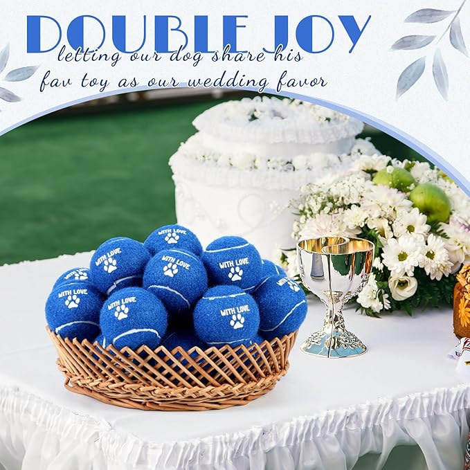 Soulchen 25 Pcs Wedding Favor Tennis Balls for Dogs 2.5 Inch with Love Paw Print Design Navy Blue Dog Toys Balls with Black Mesh Bag for Pet Training Exercise Fetch