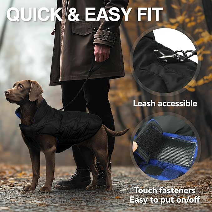 VIVAGLORY Softjoy Dog Coat, Dog Jacket for Winter & Christmas, Coat with Harness Hole & Velcro Closure, Reversible Plaid Checkered Warm Fluffy Heavy Duty for Puppy, L, Sapphire Blue Plaid