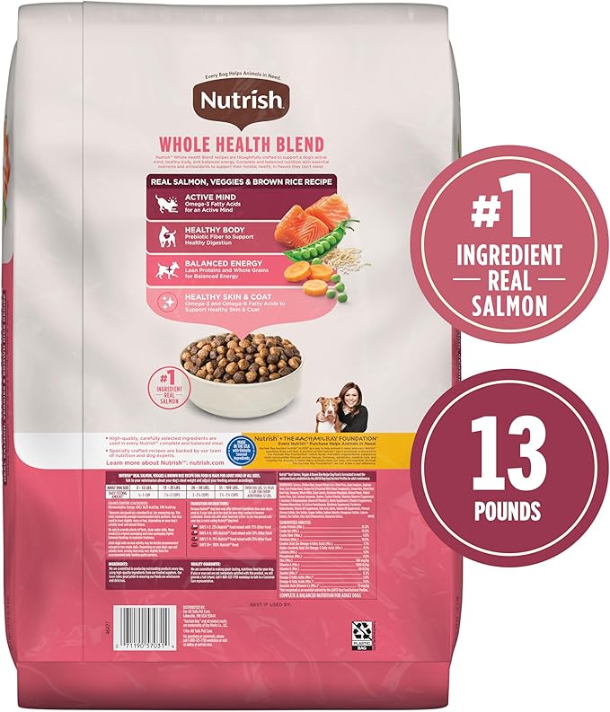 Nutrish Real Salmon, Veggies & Brown Rice Recipe Whole Health Blend Dry Dog Food, 13 lb. Bag, Packaging May Vary (Rachael Ray)
