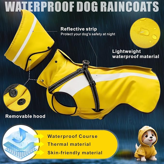 Mosucoirl Dog Raincoat Waterproof Raincoats for Dog Reflective Dogs Rain Jackets with Hood Hoodie Pet Rain Poncho Coat for Small Medium Large Dogs Puppies S-XXL (Yellow, L)