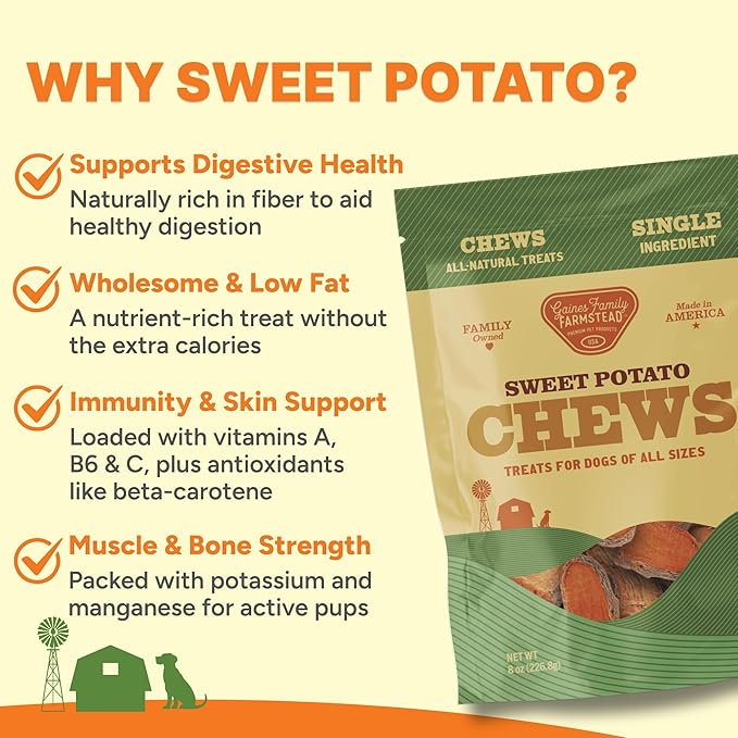Gaines Family Farmstead Sweet Potato Chews for Dogs - 32 oz Bag, Single Ingredient, Sweet Potato Dog Treats, High Fiber, Grain-Free, Rawhide Alternative, Vitamin-Rich, Made in USA