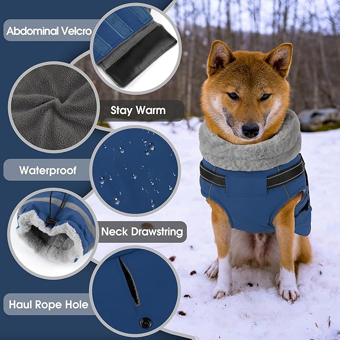 PETDSH Dog Coat Small, Built-in Harness Dog Jacket with Warm Fleece Lining, Waterproof Reflective Dogs Winter Coat, Pet Coats with Pocket and Trash Bags (Navy Blue, Small)