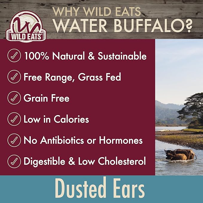 Wild Eats Water Buffalo All Natural Dusted Ear Dog Chews, Treats & Dog Snacks - 20 Piece Value Pack (Grain Free Treats - Great Alternative to Pig Ears, Cow Ears, Bones & Rawhides for Dogs)