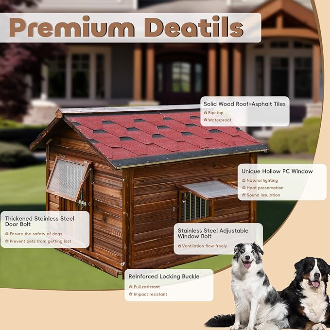 Large Pine Wood Dog House Outdoor with Removable Elevated Floor,Lockable Door,Adjust Windows,Easy to Clean,Safe Dog Kennel Outdoor for Large Breed