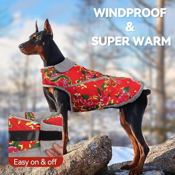 VIVAGLORY Snowrap Dog Coat, Jacket with Harness Hole & Velcro Closure, Dog Coat for Winter & Cold Weather, Fluffy Warm Fleece Lined Reflective Water Resistant for Puppy, XS, Northeast Florals-Red