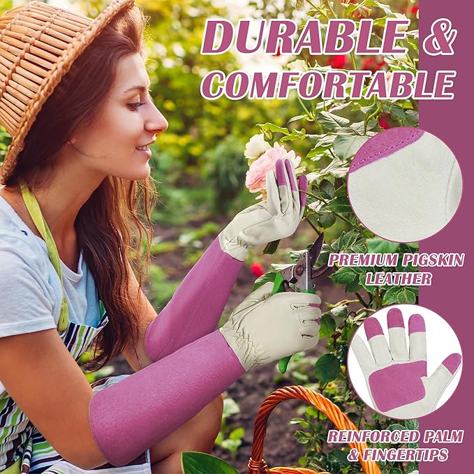 HANDLANDY Rose Pruning Gardening Gloves for Men & Women, Thornproof Long Gauntlet Gloves, Pigskin Leather - Breathable & Durability (Large)