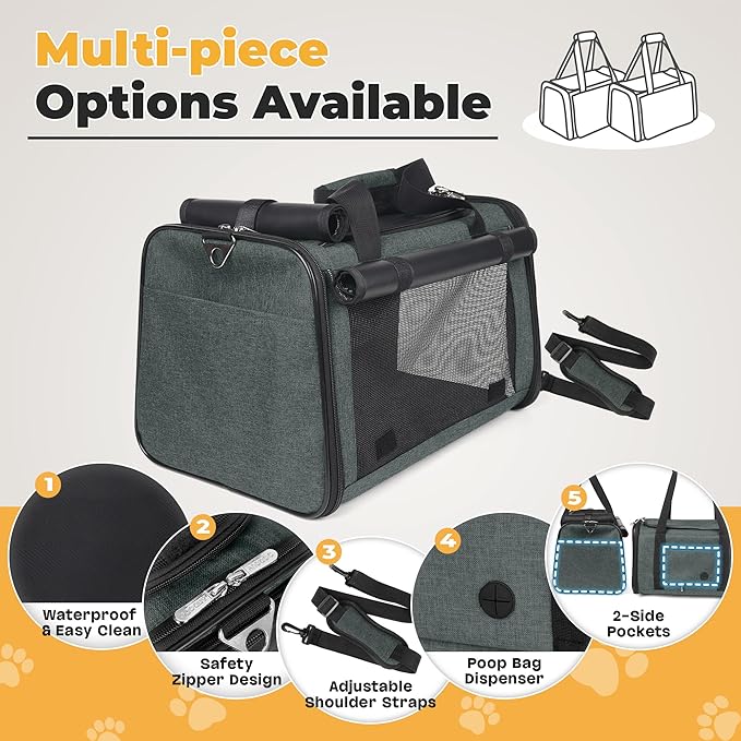 YUDODO 25 lbs Lightproof Soft Sided Pet Carrier for Large Cat & Small Dog Airline Approved Travel Puppy Carrier with Side Pockets & Reflective Mesh, Foldable Portable for Outdoor Car Grey Green