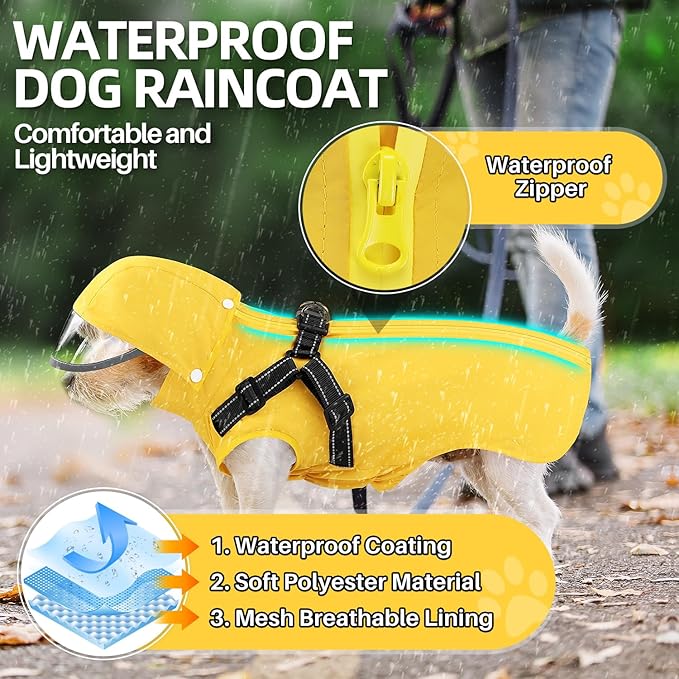 Lukovee Dog Raincoat - Waterproof Rain Jacket with Harness & Removable Hood, Reflective Double Layer Dog Rain Coat Poncho for Small Medium Large Dogs Puppy (XL, Yellow)