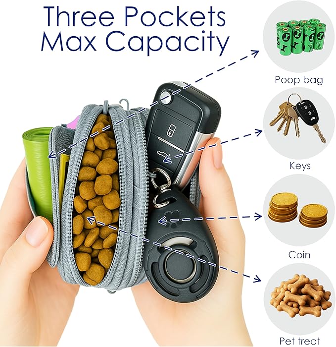 Dog Treat Pouch for Pet Walking and Training with Clicker Poop Bags and Three Bags Design Small Fanny Zipper Pack Holder for Puppy Snack Dispenser Kit for Leash and Outdoor Use (Pink)