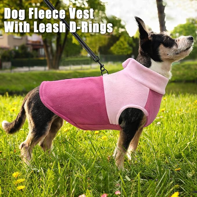 Idepet Dog Fleece Vest Sweater Zip Up Warm Pullover Dogs Jacket with D-Ring Leash Winter Cold Weater Coat Pet Sweatershirt Clothes Hoodie for Small Medium Dogs Boy Girl (Pink/Rose Red, M)