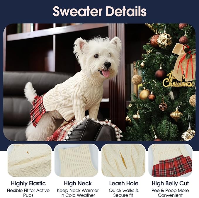 IECOii Girl Dog Sweater Dress - Cable Knit Dog Sweater for Small Dogs Girl - Beige,Medium, Turtleneck Pullover Sweaters with Tartan Plaid Skirt, Adorable Warm Dog Knitted Dress for Christmas