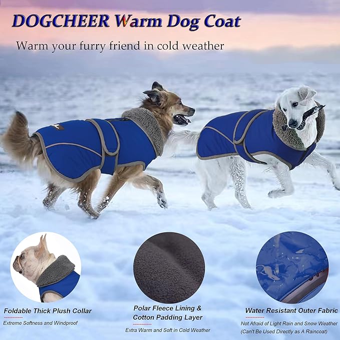 Dogcheer Dog Coat, Waterproof Dog Jacket Reflective Pet Winter Coat with Adjustable Hook & Loop, Christmas Puppy Fleece Jacket Warm Turtleneck Snowsuit for Small Medium Large Dogs - Blue, 3XL
