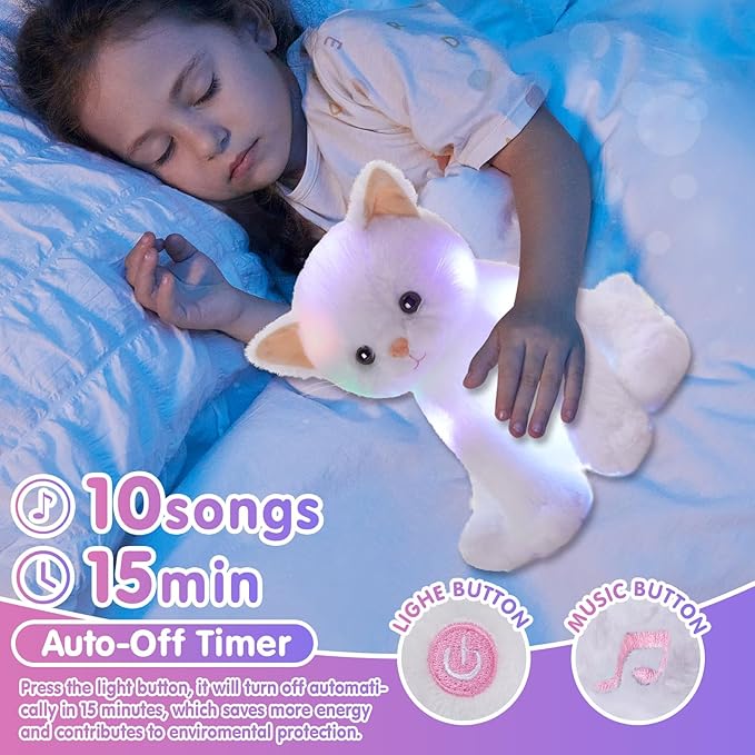 Houwsbaby 12'' White Musical Light Up Cat Stuffed Animal Kitty Plush Toy Singing LED Glowing Cat Plush Toy Christmas Festival Birthday Presents for Kids Girls Boys