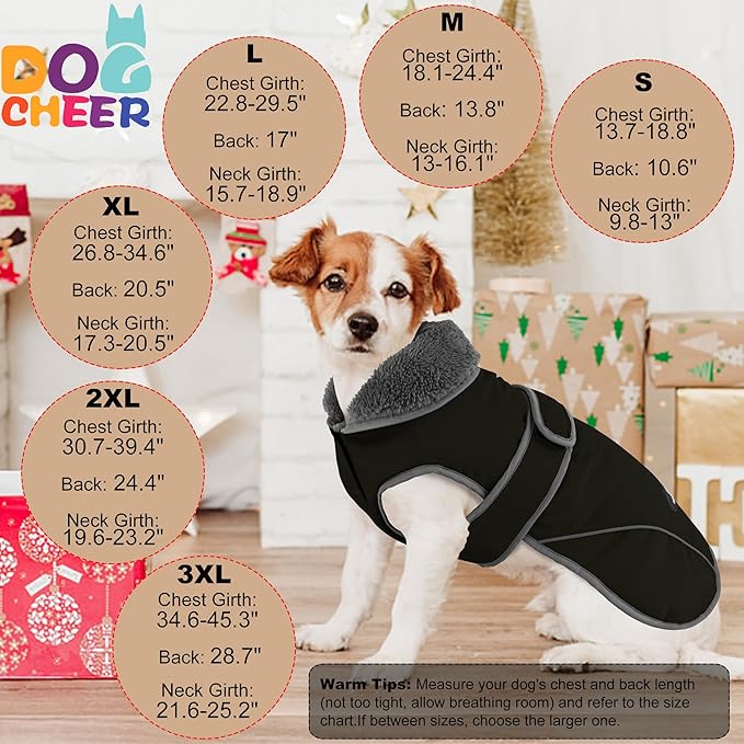Dogcheer Dog Coat, Waterproof Dog Jacket Reflective Pet Winter Coat with Adjustable Hook & Loop, Christmas Puppy Fleece Jacket Warm Turtleneck Snowsuit for Small Medium Large Dogs - Black, L