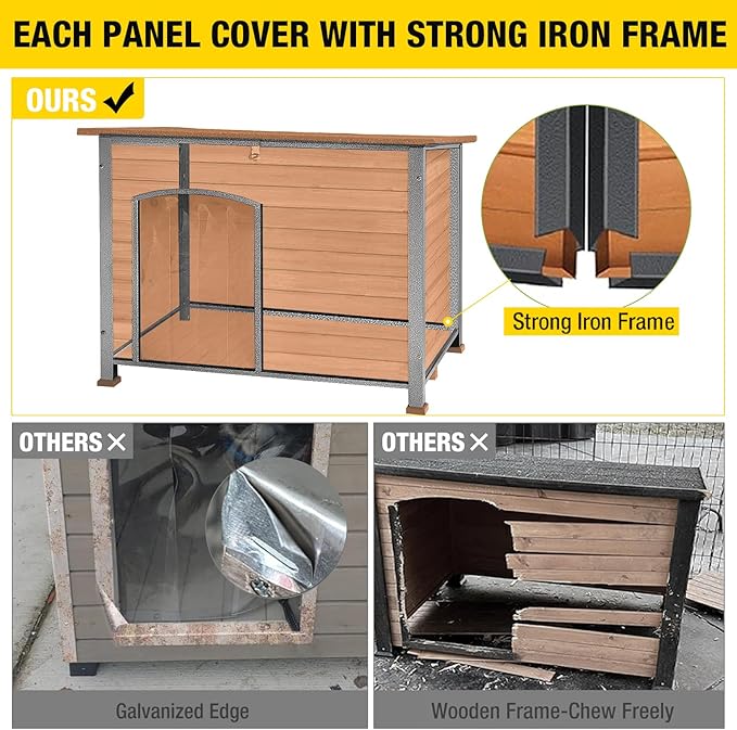 Aivituvin Dog House Outdoor & Indoor Wooden Dog Kennel for Winter with Raised Feet Weatherproof for Small & Medium & Large Dogs,Unique All-Around Iron Frame…