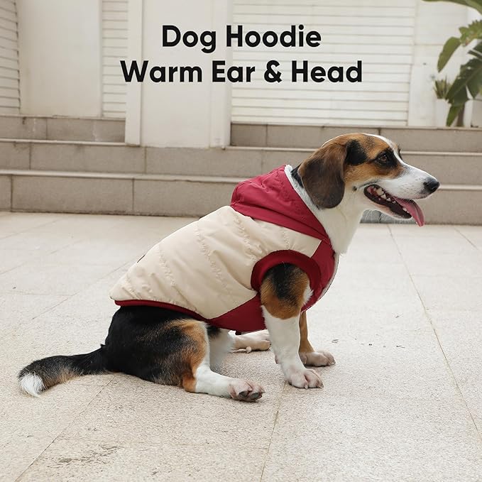 Fleece Lining Extra Warm Dog Hoodie in Winter for Large Dogs Jacket Pet Coats with Hooded,Beige and Red XXXL