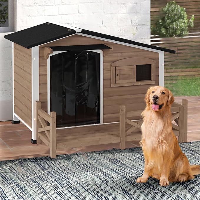 Dog House for Outdoor Use with Matel Frame, Waterproof Design- All-Weather Wooden Kennel with Sliding Window & Metal Frame (Brown, L)
