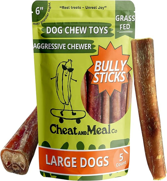 Bully Sticks for Large Dogs, (6 Inch, 5 Count), Dog Chew Toy for Aggressive Chewers Single Ingredient, 100% Beef Pizzle, Grass-Fed, Rawhide-Free, Grain-Free