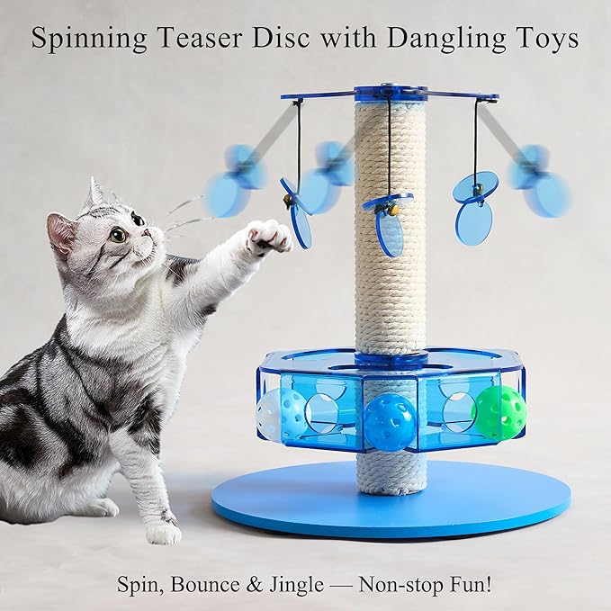 Modern 3-in-1 Interactive Cat Toy with Scratching Post, Rotating Cat Puzzle Toys for Indoor Cats with Colorful Jingle Balls, Spinning Teaser Disc with Dangling Toys, Acrylic, Blue