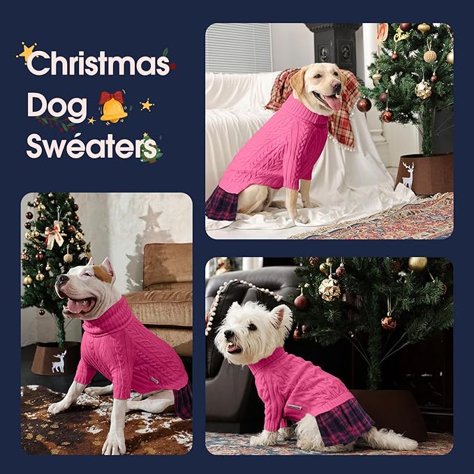 IECOii Girl Dog Sweater Dress - Cable Knit Dog Sweater for Medium Dogs Girl, Pink, Large - Turtleneck Winter Sweaters with Leash Hole, Soft & Stretchy Adorable Dress for Thanksgiving Christmas Photo