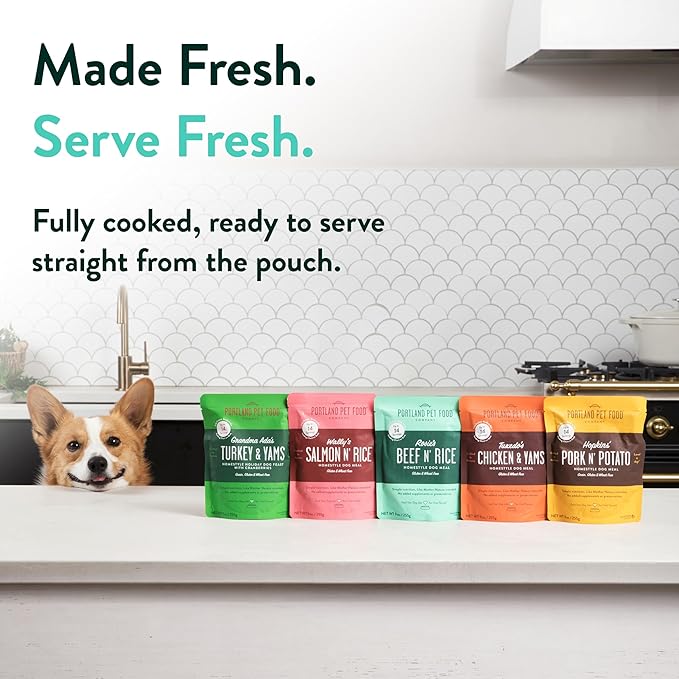 Portland Pet Food Company Fresh Dog Food Pouches - Human-Grade Toppers Wet Pet Meal & Mixers - Small & Large Breed Puppy & Senior Dogs - Gluten-Free, Limited Ingredient Rosie’s Beef N' Rice - 5 Pack