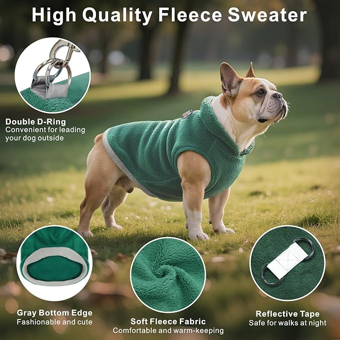 Idepet 2 Pack Dog Fleece Vest Sweater Warm Pullover Jacket with D-Ring Leash Reflective Winter Coat Hoodie for French Bulldog Pug Chihuahuas Yorkies Dachshunds(Dark Green&Grass Green,X-Large)