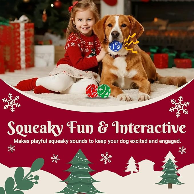 Christmas Dog Balls, 12 Pack 2.5'' Squeaky Tennis Balls for Dogs | Gift for Puppy Birthday & Christmas Decoration, Come with Mesh Bag, Small Medium Large Breeds