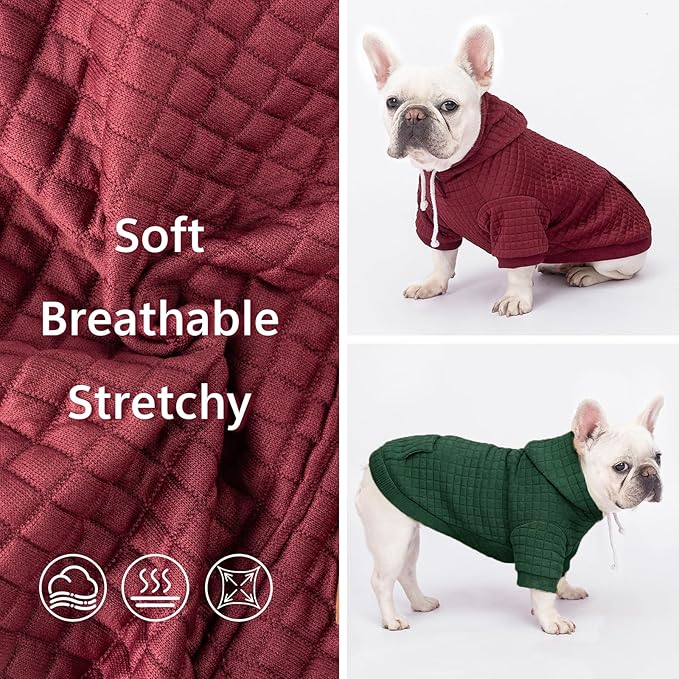 2 Pack Dog Hoodie Sweaters for Small Medium Dogs Warm Dog Clothes for Large Dogs Soft Waffle-Like Laminated Sweatshirt Bulldog (Dark Green+Wine Red, XXS (Back: 8",Chest: 11", Neck: 7.9"))