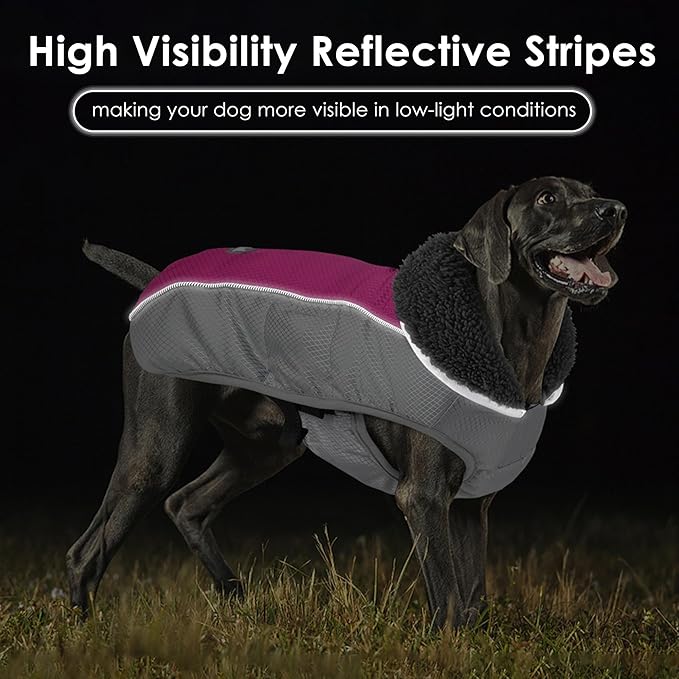 Dog Coat, Waterproof Ripstop Dog Winter Jacket with Leash Hole, Reflective Adjustable Warm Pet Fleece Snow Sweater for Small Medium Large Dogs - Rosy Red, 2XL
