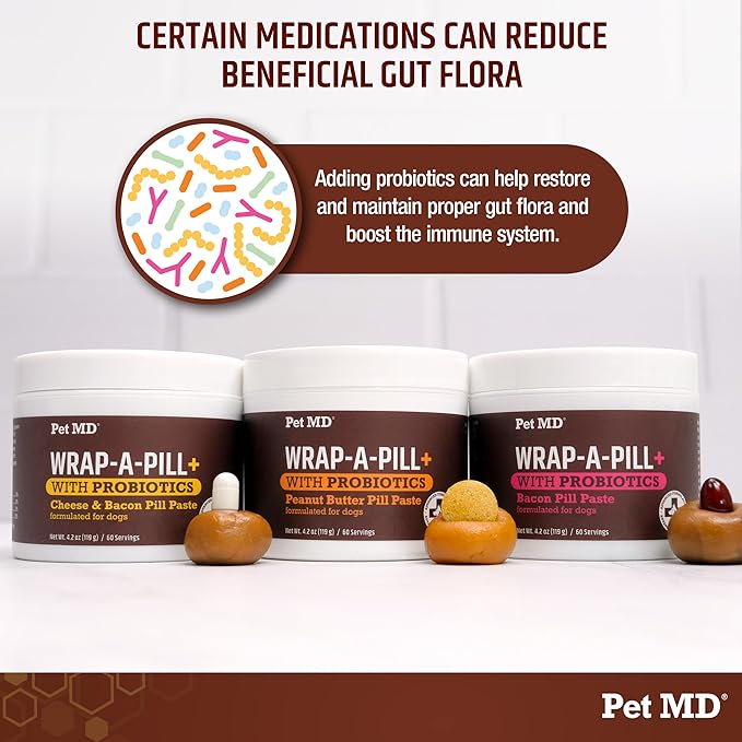 Pet MD Wrap-A-Pill with Dog Probiotics - Pill Wrap for Dogs Medicine - Easy-to-Use Paste to Hide Capsules, Create Pockets and Treats for Dogs - Cheese & Bacon (4.2oz)