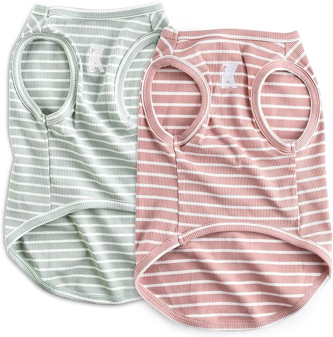 Koneseve Dog Shirt Vest Lightweight Stretchy Dog T-Shirts Soft Cool Sleeveless Stripe Vests Breathable Clothes for Puppy Kitty Cats Small Medium Large Dogs 2 Pack Pink + Green [ S/Small ]