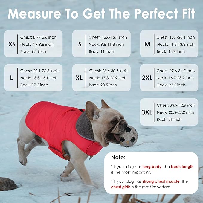 Dog Winter Coat, Waterproof Dog Jacket with Leash Hole, Reflective Adjustable Pet Snow Vest, Warm Fleece Sweater for Small Medium Large Dogs - Red, XS