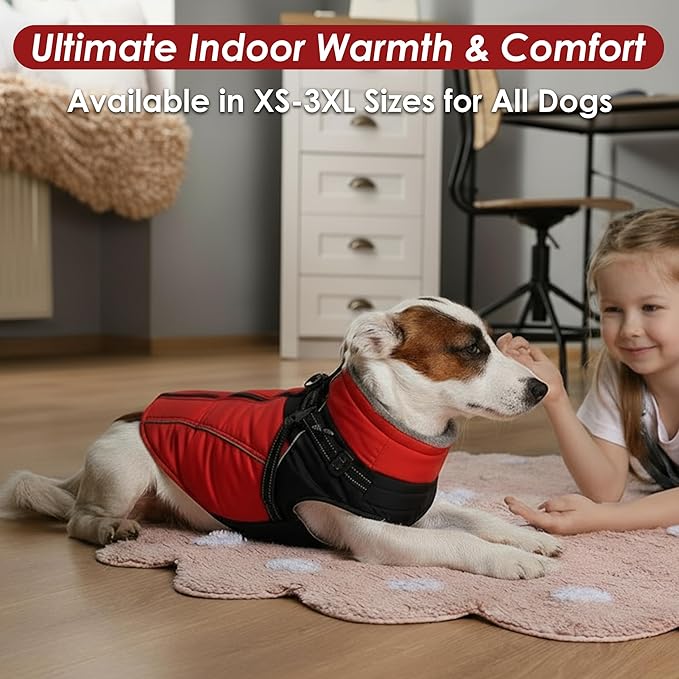 ASENKU Reflective Dog Coat with Built-in Harness, Windproof Fleece-Lined Dog Jacket for Small, Medium, Large Dogs, Warm Winter Vest with Turtleneck & Zipper (Red M)