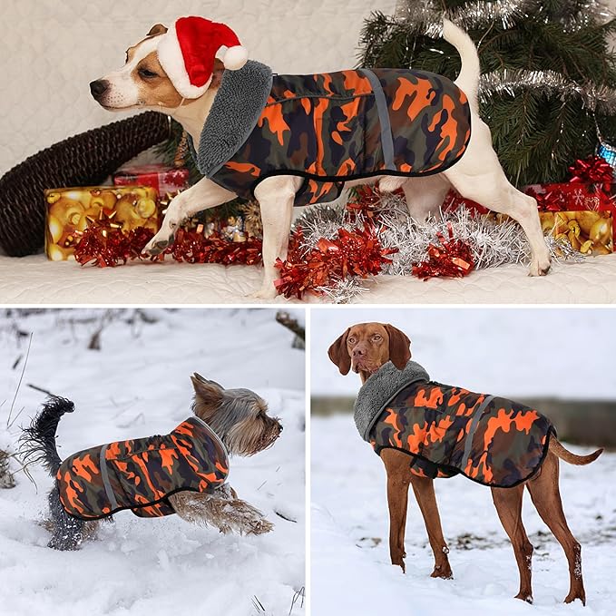Dogcheer Warm Dog Coat, Waterproof Dog Jacket Christmas Puppy Winter Coat with Buckle, Reflective Adjustable Pet Snow Jacket Turtleneck Fleece Sweater for Small Medium Large Dogs - Orange Camo, S