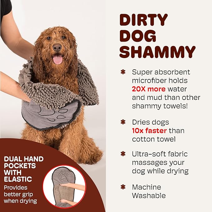 Dog Gone Smart The Dirty Dog Shammy - Fast Drying Plush Shammy Towel with Dual Hand Pockets and Elastic - Super Absorbent Microfiber and Machine Washable - Grey