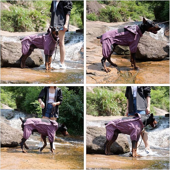 LOVELONGLONG Waterproof Dog Raincoat with Removable Hood – Outdoor Full Body Dog Jacket, Windproof Snowproof Shell Suit – All Season Pet Rain Gear Plum Purple XXL