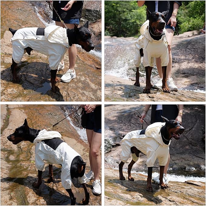 LOVELONGLONG Waterproof Dog Raincoat with Removable Hood – Outdoor Full Body Dog Jacket, Windproof Snowproof Shell Suit – All Season Pet Rain Gear Ivory XXL