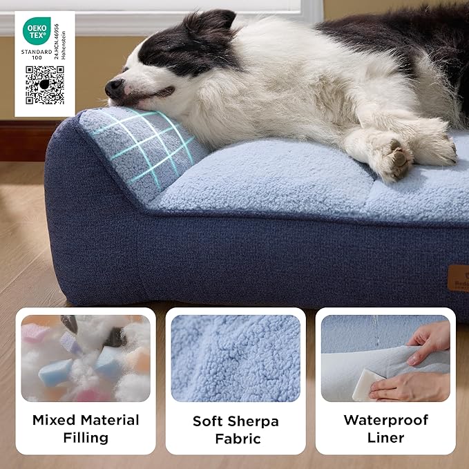 Bedsure XL Orthopedic Dog Beds Large Sized Dog - Extra Thick Supportive Dogs Couch with Waterproof Washable Cover, Extra Large Comfort Pet Bed Sofa with Soft Plush Sherpa and Nonskid Bottom, Blue, 42"