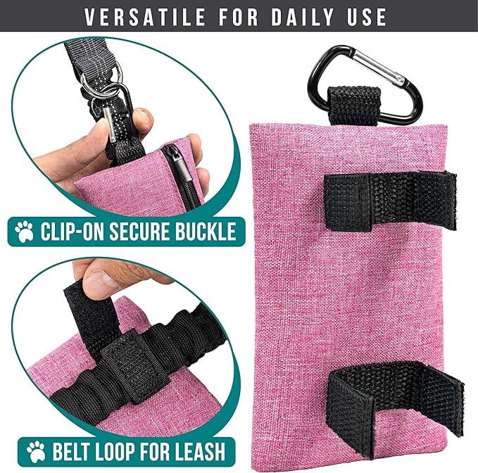 PetAmi Dog Poop Bag Holder for Leash, Dog Waste Bag Dispenser with Clip, Doggy Walking & Camping Accessories with Trash Bag Roll, Pink 1 Pack