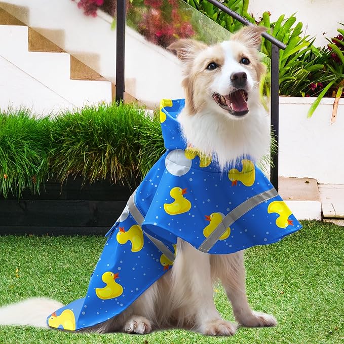 NACOCO Large Dog Raincoat Adjustable-Pet Rubber Ducks Yellow Water Proof Clothes Lightweight Rain Jacket Poncho Hoodies with Strip Reflective Blue (Blue XL, Yellow Duck)